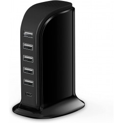 6-Port Fast Charging Station, 40W Power, Type-C Output, Universal Compatibility, Matte Finish, Compact Design for Multiple Devices (Black)