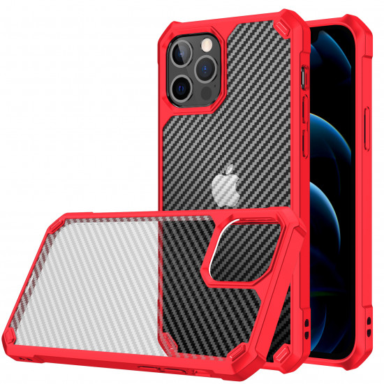 Super Armor Carbon Fiber Design Hybrid Case for Apple iPhone 12 / 12 Pro 6.1 (Red)