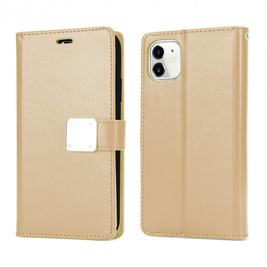 Multi Pockets Folio Flip Leather Wallet Case with Strap for Apple iPhone 13 Pro Max (6.7) (Gold)