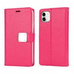 Multi Pockets Folio Flip Leather Wallet Case with Strap for Apple iPhone 13 Pro Max (6.7) (Hot Pink)
