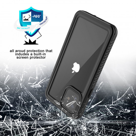 Waterproof IP68 Snowproof Shockproof Heavy Duty Case with Built In Screen Protector for Apple iPhone 12 [6.1] (Black)