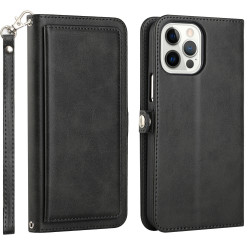 Double Layer Card Slots Flip Wallet Case with Strap and Stand for Apple iPhone 13 Pro [6.1] (Black)