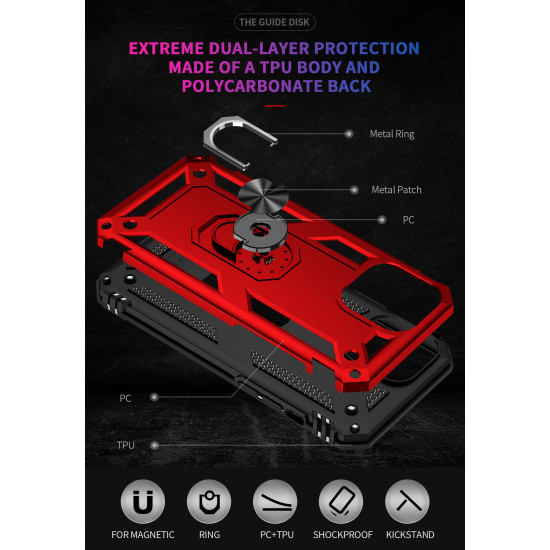 Tech Armor Ring Stand Grip Case with Metal Plate for Apple iPhone 13 Pro (6.1) (Red)