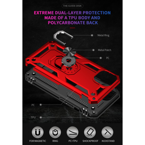 Tech Armor Ring Stand Grip Case with Metal Plate for Apple iPhone 13 (6.1) (Red)