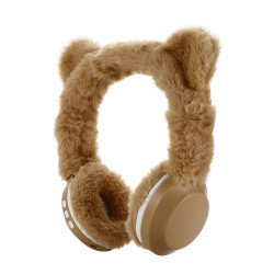 Cute Teddy Bear Ear Fluffy Plush Bluetooth 5.0 Headset with Built-in Mic, AUX, SD Card Slot, FM Radio, Foldable Design for All Bluetooth Devices (Beige)