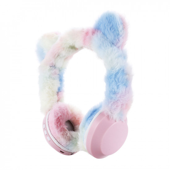 Cute Teddy Bear Ear Fluffy Plush Bluetooth 5.0 Headset with Built-in Mic, AUX, SD Card Slot, FM Radio, Foldable Design for All Bluetooth Devices (Rainbow)