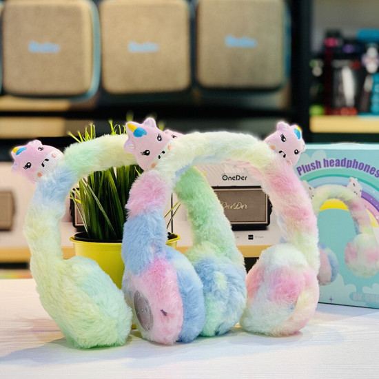 Cute Cartoon Ear Fluffy Plush Girly Bluetooth Wireless Headphone with Built-in Mic, SD Card Slot, FM Radio - Universal Compatibility (Rainbow-Pink)