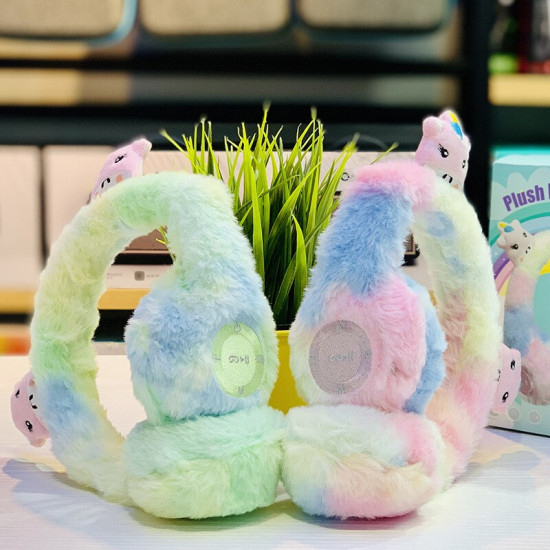 Cute Cartoon Ear Fluffy Plush Girly Bluetooth Wireless Headphone with Built-in Mic, SD Card Slot, FM Radio - Universal Compatibility (Rainbow-Blue)
