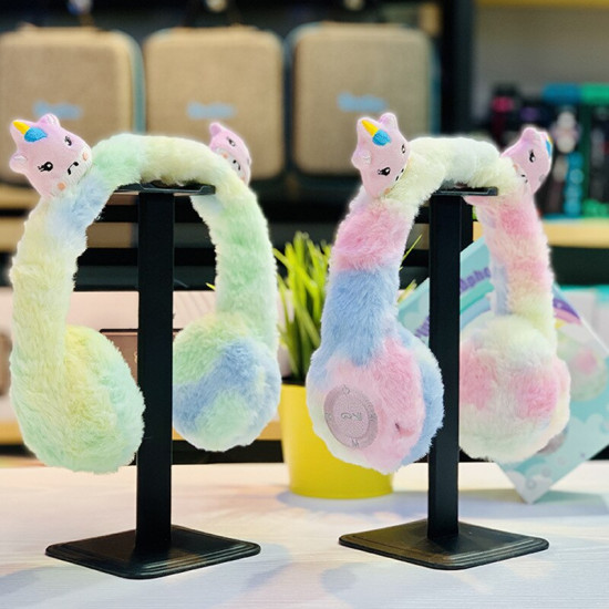Cute Cartoon Ear Fluffy Plush Girly Bluetooth Wireless Headphone with Built-in Mic, SD Card Slot, FM Radio - Universal Compatibility (Rainbow-Blue)