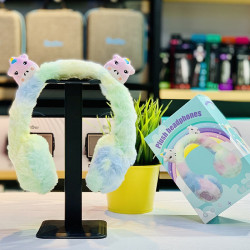 Cute Cartoon Ear Fluffy Plush Girly Bluetooth Wireless Headphone with Built-in Mic, SD Card Slot, FM Radio - Universal Compatibility (Rainbow-Blue)