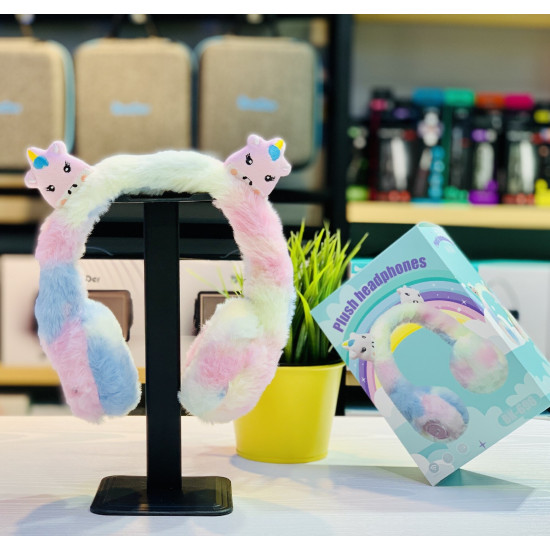 Cute Cartoon Ear Fluffy Plush Girly Bluetooth Wireless Headphone with Built-in Mic, SD Card Slot, FM Radio - Universal Compatibility (Rainbow-Pink)