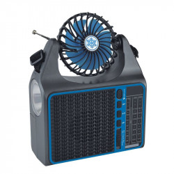 Portable Bluetooth Speaker with Solar Panel, Fan, AM/FM/SW Radio, USB & SD Card Slot - FP-128-S - For Universal Bluetooth Devices (Blue)