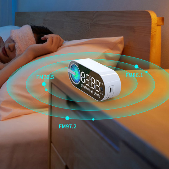 G30 LED Alarm Clock & FM Radio Bluetooth Speaker w/ Motion Sensor, Portable, Wireless, Micro SD & USB Slot, Universal Compatibility (White)