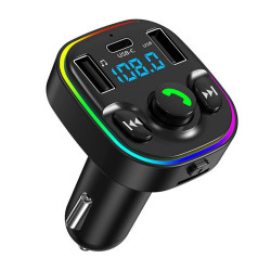 LED Bluetooth Car FM Transmitter, Dual Quick Charge USB Ports, Wireless Audio Adapter, Hands-free Calls, Hi-Fi Music, Universal Compatibility (Black)
