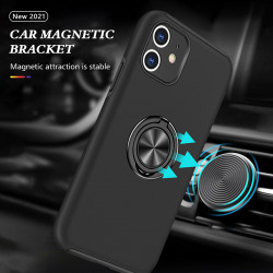 Glossy Dual Layer Armor Hybrid Stand Metal Plate Flat Ring Case for Apple iPhone 11 [6.1] (Black)