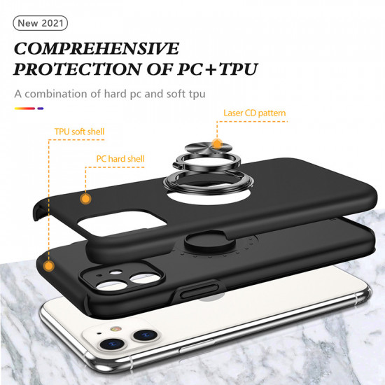 Glossy Dual Layer Armor Hybrid Stand Metal Plate Flat Ring Case for Apple iPhone 11 [6.1] (Black)