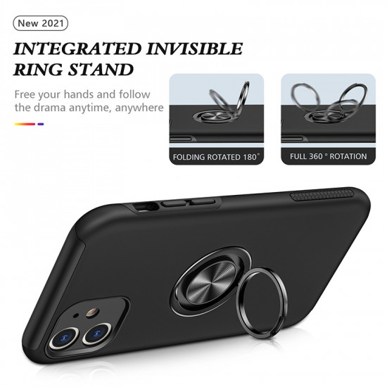 Glossy Dual Layer Armor Hybrid Stand Metal Plate Flat Ring Case for Apple iPhone 11 [6.1] (Black)