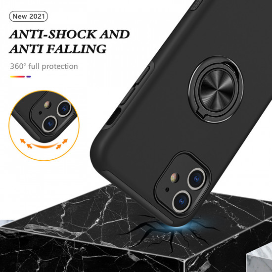 Glossy Dual Layer Armor Hybrid Stand Metal Plate Flat Ring Case for Apple iPhone 11 [6.1] (Black)