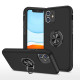 Glossy Dual Layer Armor Hybrid Stand Metal Plate Flat Ring Case for Apple iPhone 11 [6.1] (Black)