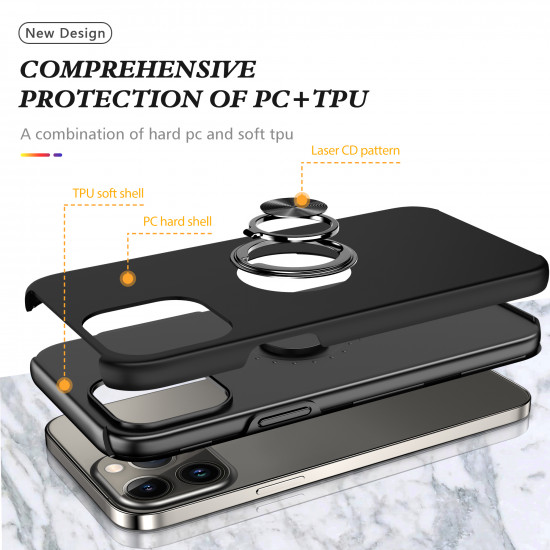 Glossy Dual Layer Armor Hybrid Stand Metal Plate Flat Ring Case for Apple iPhone 14 [6.1] (Black)