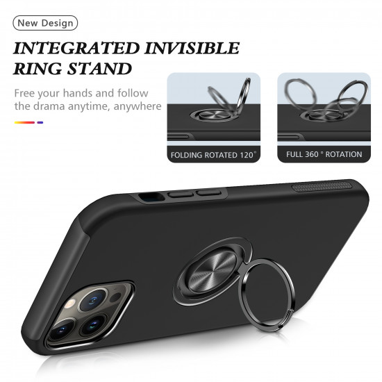 Glossy Dual Layer Armor Hybrid Stand Metal Plate Flat Ring Case for Apple iPhone 14 Max Plus [6.7] (Black)