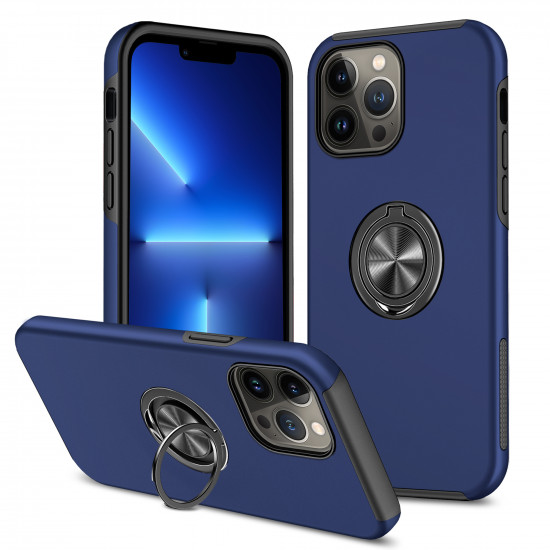 Glossy Dual Layer Armor Hybrid Stand Metal Plate Flat Ring Case for Apple iPhone 14 [6.1] (Navy Blue)