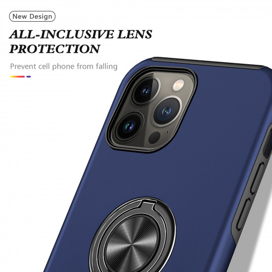 Glossy Dual Layer Armor Hybrid Stand Metal Plate Flat Ring Case for Apple iPhone 14 Max Plus [6.7] (Navy Blue)