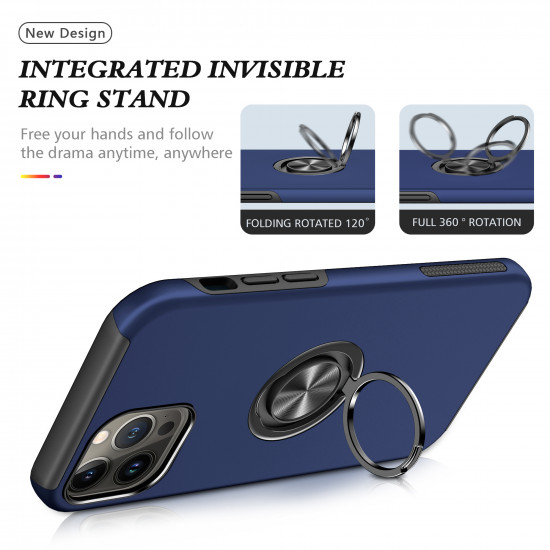 Glossy Dual Layer Armor Hybrid Stand Metal Plate Flat Ring Case for Apple iPhone 14 Max Plus [6.7] (Navy Blue)