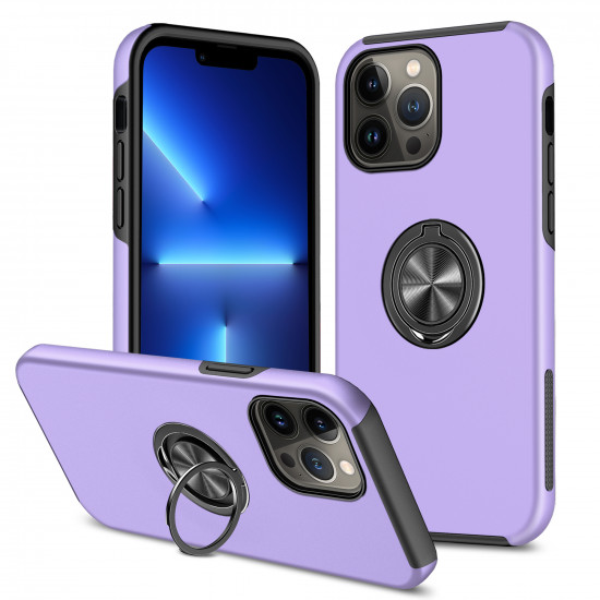 Glossy Dual Layer Armor Hybrid Stand Metal Plate Flat Ring Case for Apple iPhone 14 [6.1] (Purple)