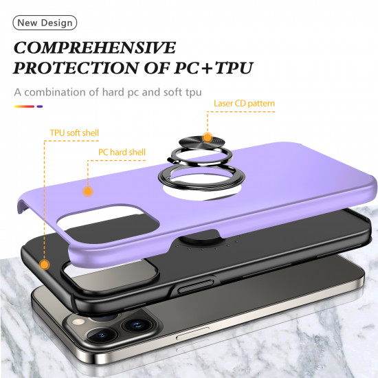 Glossy Dual Layer Armor Hybrid Stand Metal Plate Flat Ring Case for Apple iPhone 14 Max Plus [6.7] (Purple)