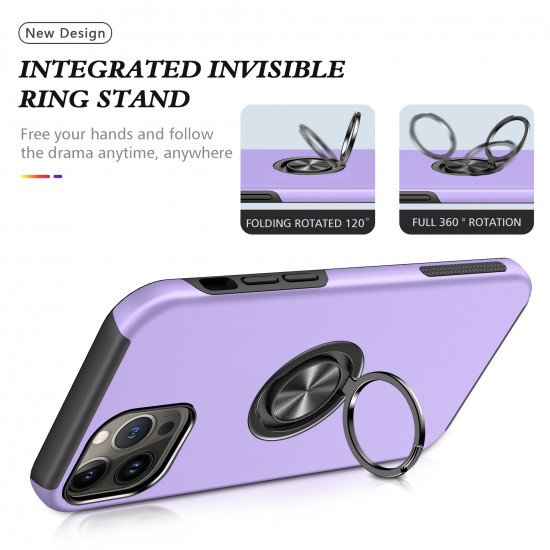 Glossy Dual Layer Armor Hybrid Stand Metal Plate Flat Ring Case for Apple iPhone 14 Max Plus [6.7] (Purple)