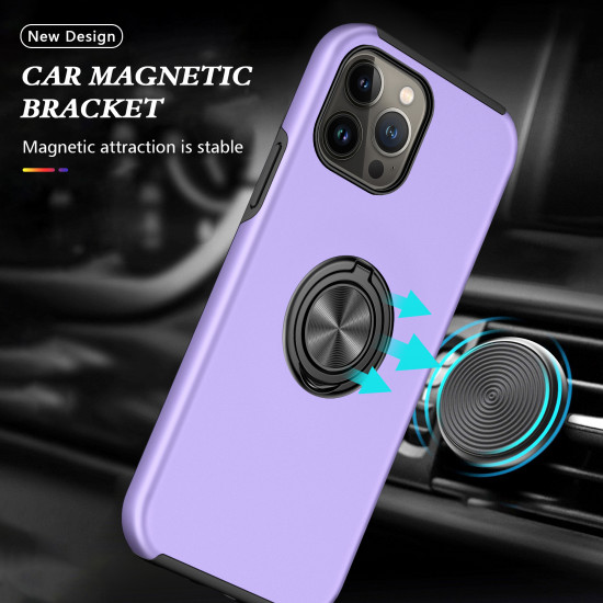 Glossy Dual Layer Armor Hybrid Stand Metal Plate Flat Ring Case for Apple iPhone 14 Max Plus [6.7] (Purple)