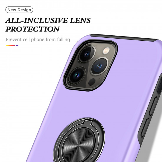 Glossy Dual Layer Armor Hybrid Stand Metal Plate Flat Ring Case for Apple iPhone 14 [6.1] (Purple)