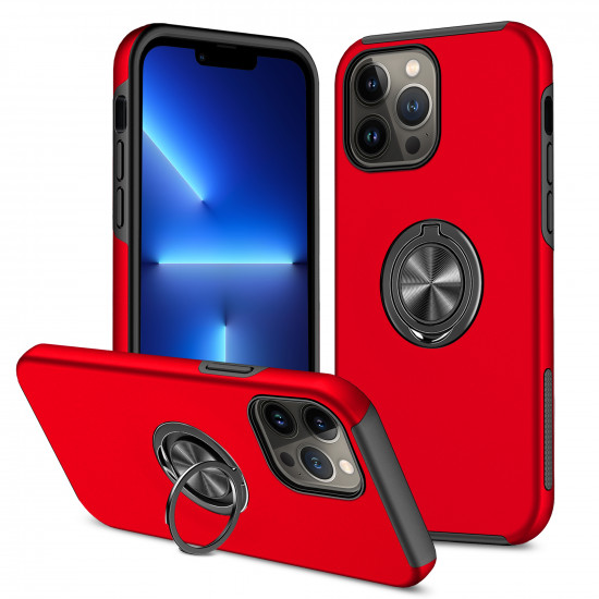 Glossy Dual Layer Armor Hybrid Stand Metal Plate Flat Ring Case for Apple iPhone 14 Max Plus [6.7] (Red)