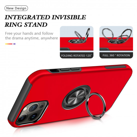 Glossy Dual Layer Armor Hybrid Stand Metal Plate Flat Ring Case for Apple iPhone 14 [6.1] (Red)