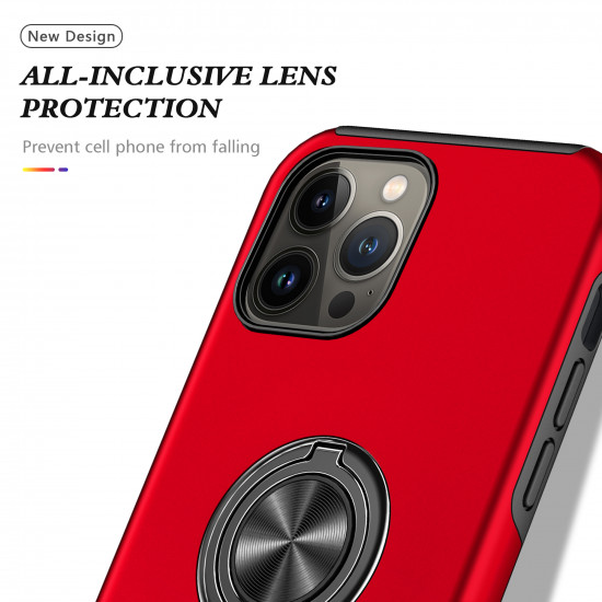 Glossy Dual Layer Armor Hybrid Stand Metal Plate Flat Ring Case for Apple iPhone 14 [6.1] (Red)