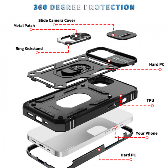 Heavy Duty Tech Armor Ring Stand Lens Cover Grip Case with Metal Plate for Apple iPhone 14 [6.1] (Black)