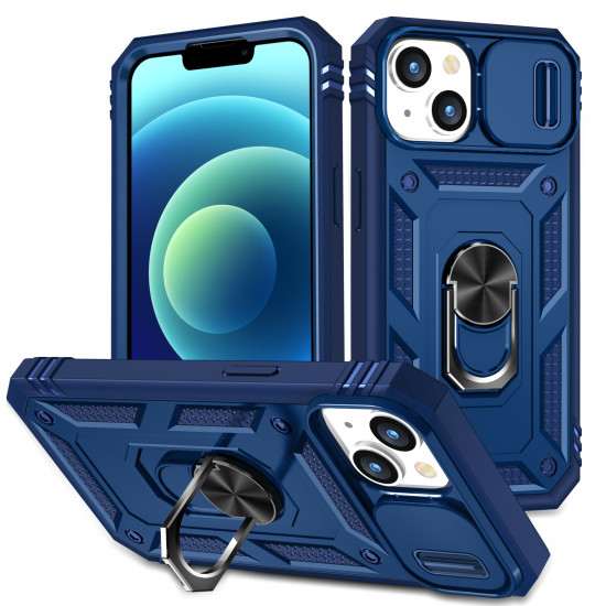 Heavy Duty Tech Armor Ring Stand Lens Cover Grip Case with Metal Plate for Apple iPhone 14 [6.1] (Navy Blue)