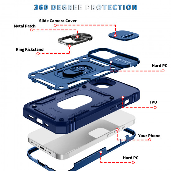 Heavy Duty Tech Armor Ring Stand Lens Cover Grip Case with Metal Plate for Apple iPhone 14 [6.1] (Navy Blue)