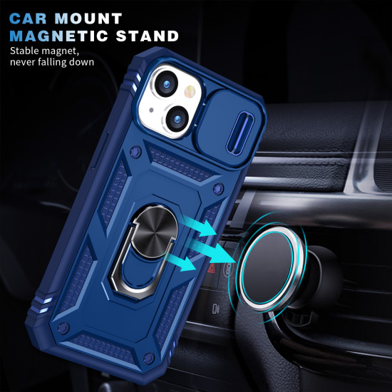 Heavy Duty Tech Armor Ring Stand Lens Cover Grip Case with Metal Plate for Apple iPhone 14 [6.1] (Navy Blue)