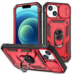 Heavy Duty Tech Armor Ring Stand Lens Cover Grip Case with Metal Plate for Apple iPhone 14 [6.1] (Red)