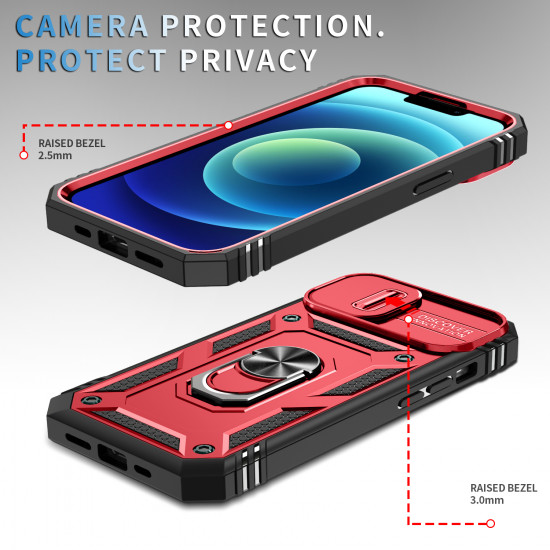 Heavy Duty Tech Armor Ring Stand Lens Cover Grip Case with Metal Plate for Apple iPhone 14 [6.1] (Red)