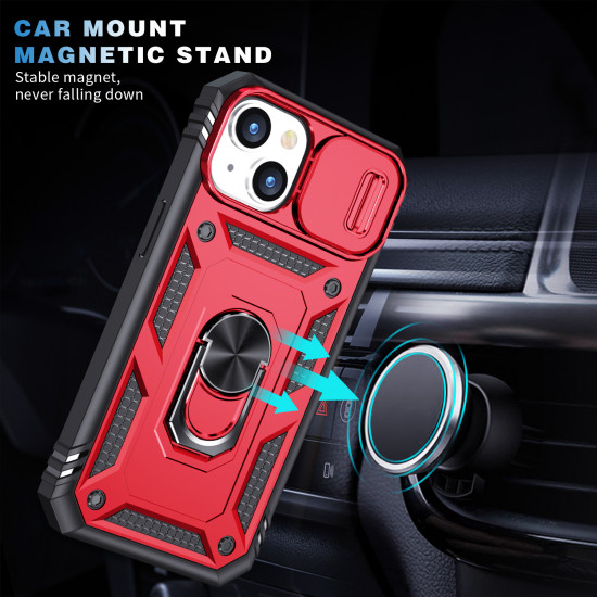 Heavy Duty Tech Armor Ring Stand Lens Cover Grip Case with Metal Plate for Apple iPhone 14 [6.1] (Red)
