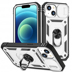 Heavy Duty Tech Armor Ring Stand Lens Cover Grip Case with Metal Plate for Apple iPhone 14 [6.1] (White)