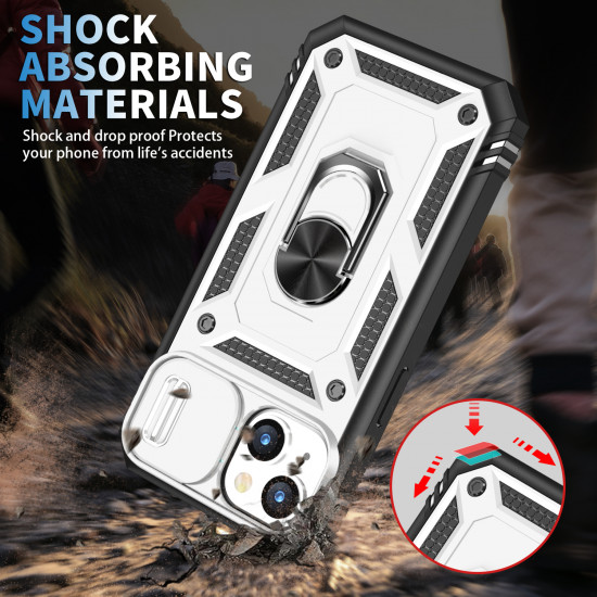 Heavy Duty Tech Armor Ring Stand Lens Cover Grip Case with Metal Plate for Apple iPhone 14 [6.1] (White)