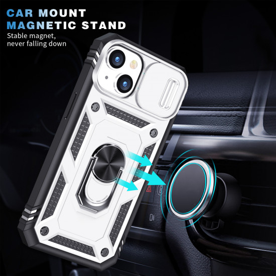 Heavy Duty Tech Armor Ring Stand Lens Cover Grip Case with Metal Plate for Apple iPhone 14 [6.1] (White)