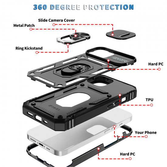Heavy Duty Tech Armor Ring Stand Lens Cover Grip Case with Metal Plate for Apple iPhone 14 Max Plus [6.7] (Black)