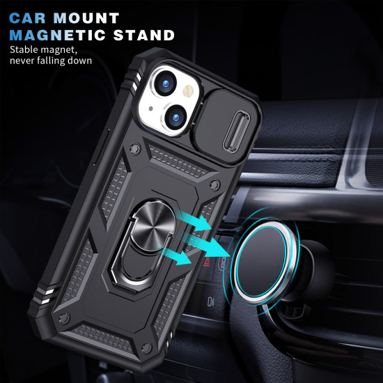 Heavy Duty Tech Armor Ring Stand Lens Cover Grip Case with Metal Plate for Apple iPhone 14 Max Plus [6.7] (Black)