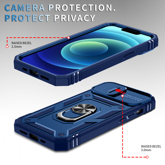 Heavy Duty Tech Armor Ring Stand Lens Cover Grip Case with Metal Plate for Apple iPhone 14 Max Plus [6.7] (Navy Blue)