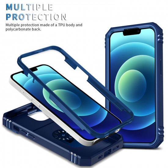 Heavy Duty Tech Armor Ring Stand Lens Cover Grip Case with Metal Plate for Apple iPhone 14 Max Plus [6.7] (Navy Blue)